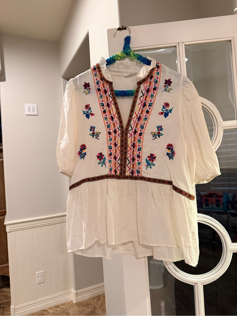 Blu Pepper Ivory Embroidered Peasant Top with Multicolor Floral Accents